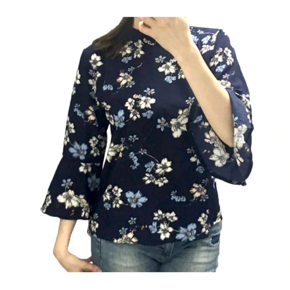Navy Blue Floral Blouse Large Bell Sleeves - Picture 1 of 6